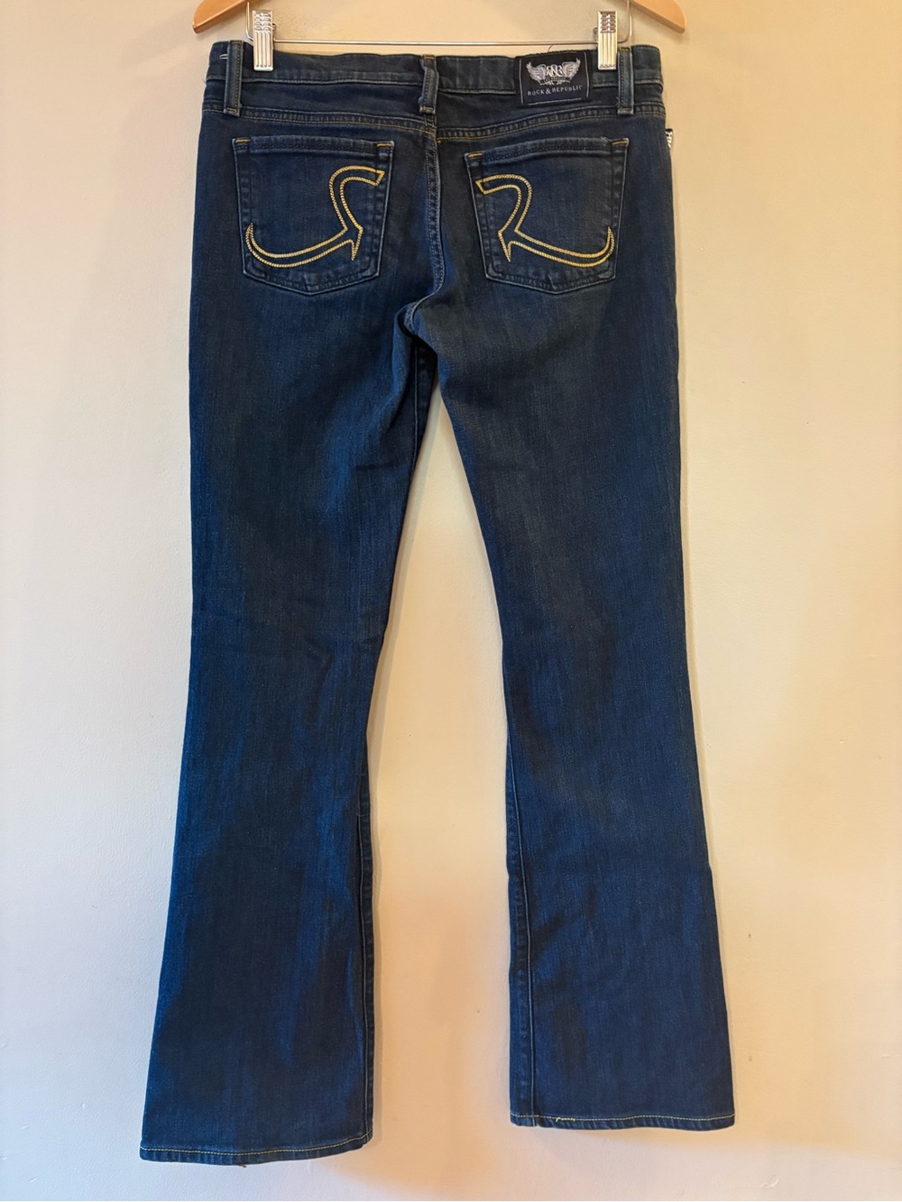 Rock & Republic Kiedis Bootcut Jeans Dark Wash Y2K Yellow Stitch Low Rise SZ 29.